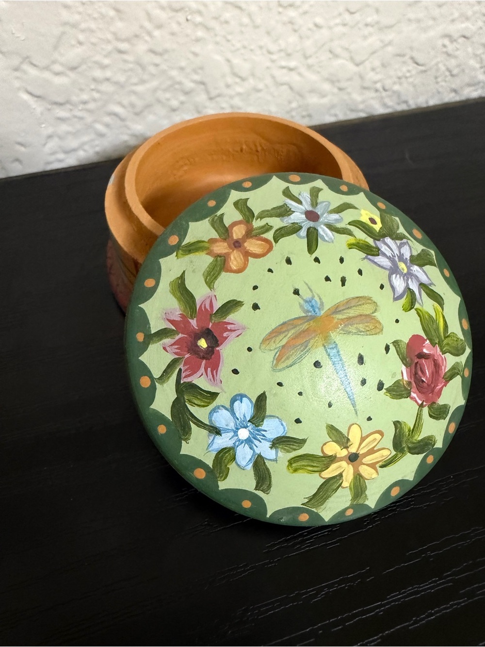 Hand-Painted Green Floral Wooden Trinket Box with Dragonfly